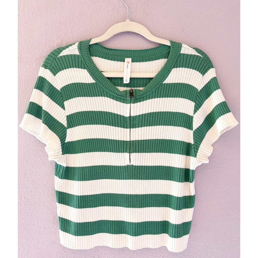 Daily Practice by Anthropologie Green White Stripe Half Zip Sweater Tee XL